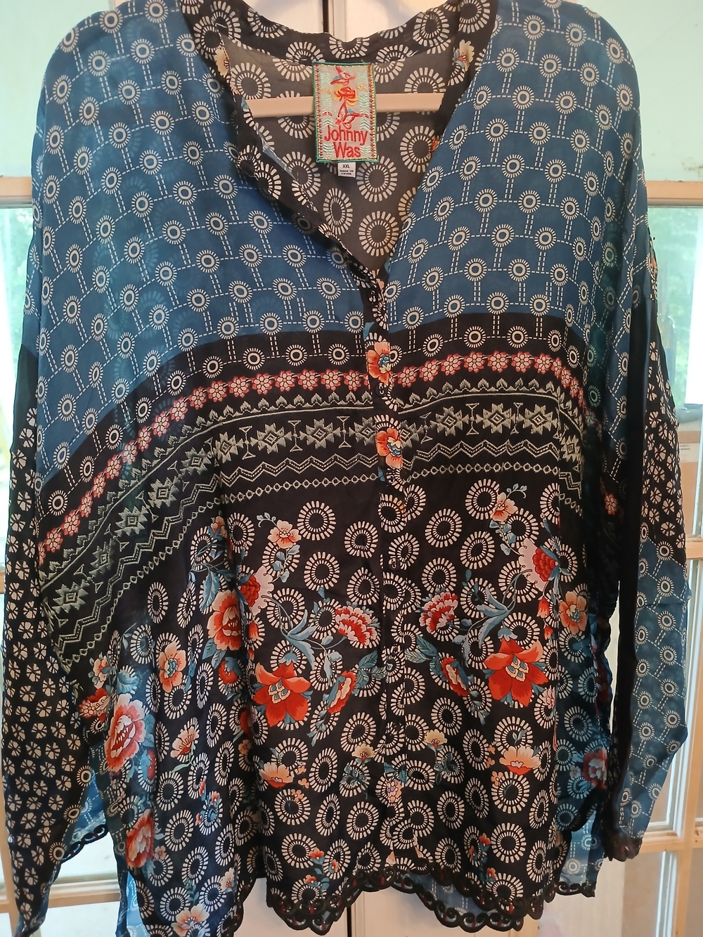 Johnny Was Blue Geometric & Floral Mixed-Print Blouse
